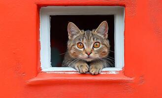 A cat is looking out of a window. The cat is looking at the camera and has a curious expression photo