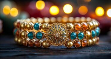 A gold and blue bracelet with a diamond in the middle. The bracelet is multi-colored and has a unique design photo