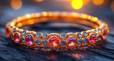 A gold and blue bracelet with red and blue stones. The bracelet is on a dark surface. The stones are of different sizes and colors, and they are arranged in a circular pattern photo