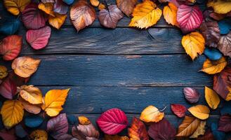 A blue background with a frame of autumn leaves. The leaves are of different colors and sizes, and they are scattered all over the background. Scene is warm and inviting photo