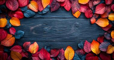 A wooden frame with a border of red, blue, and yellow leaves. The frame is on a wooden surface, and it creates a beautiful and natural look. The leaves are arranged in a circular pattern photo