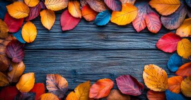 A wooden frame with a border of autumn leaves. The leaves are of different colors, including red, orange, and yellow. The frame is on a wooden surface, and the leaves are scattered around the frame photo