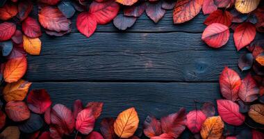 A wooden frame with red leaves surrounding it. The leaves are arranged in a circular pattern photo