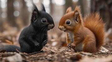 Two baby squirrels are sitting on the ground, one black and one brown. They are looking at each other with curiosity photo