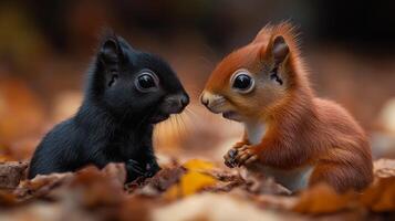 Two baby squirrels are sitting on the ground, one black and one brown. They are looking at each other and seem to be curious about each other photo