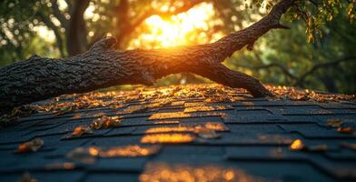 A tree branch is laying on a roof, with the sun shining on it. Concept of tranquility and peacefulness, as the sun's rays illuminate the fallen branch photo