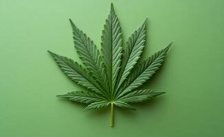 A leaf of a marijuana plant is shown on a green background. The leaf is the main focus of the image, and it is the most prominent part of the scene. The green background adds a sense of freshness photo