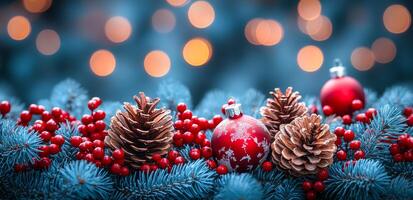 A Christmas tree with red and white ornaments and pine cones. The pine cones are scattered around the tree and the ornaments are hanging from the branches. Scene is festive and joyful photo