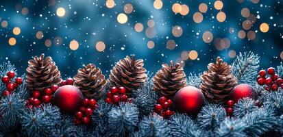 A Christmas tree with red and green pine cones and red and green balls. The pine cones are on the left side of the tree and the balls are on the right side photo