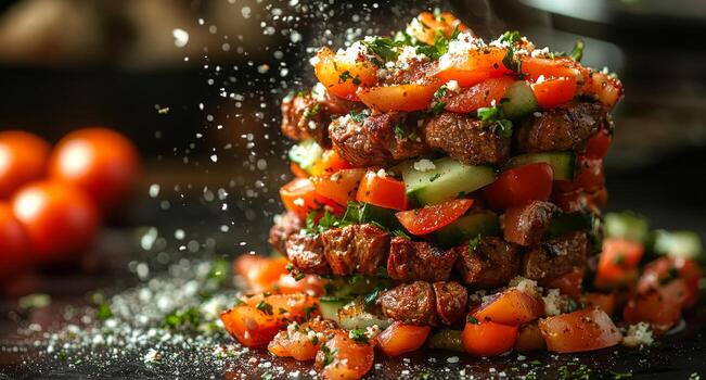 un apilar de carne y vegetales con un pila de queso en cima. concepto de abundancia y indulgencia, como el comida es apilado alto y desbordante con coberturas el queso agrega un toque de riqueza foto