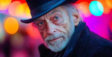 A man wearing a hat and a black coat is looking at the camera. The image has a vintage feel to it, and the man's expression seems to be somewhat sad or contemplative photo