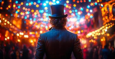 A man in a top hat stands in front of a crowd of people. The scene is set in a brightly lit room with colorful lights and decorations. The man is a performer, possibly a magician or a clown photo