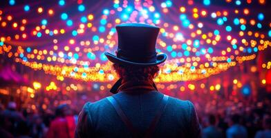 A man in a top hat stands in front of a crowd of people. The image is a bright and colorful scene, with a lot of lights and a festive atmosphere photo