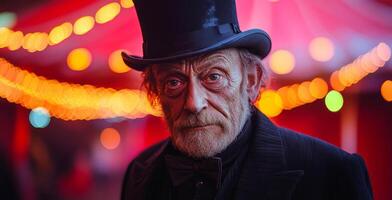 A man in a black hat and suit stands in front of a red background. The man has a creepy look on his face and is wearing a fake beard. The scene is set in a circus tent, with lights photo