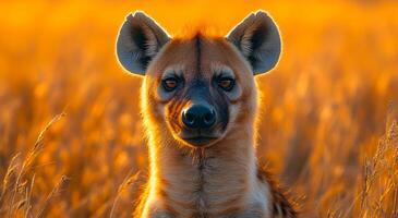 A wild animal with a brown face and brown fur stands in a field of tall grass. The animal has a curious expression on its face, and the sun is shining brightly on it, creating a warm photo