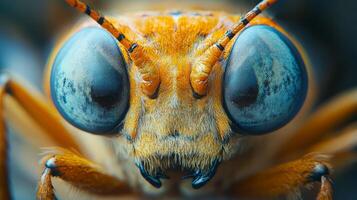 A close up of a bug's face with blue eyes. The bug has a brown head and a brown body photo