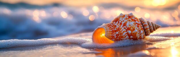 A shell is laying on the sand at the beach. The shell is orange and white, and it is partially submerged in the water. The scene is peaceful and serene, with the sun setting in the background photo