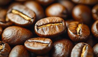 A close up of coffee beans with the beans being brown in color. The beans are spread out and appear to be in a pile photo