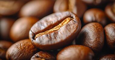 A close up of coffee beans with a single bean in the center. The beans are brown and have a rough texture photo