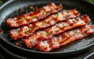 A plate of bacon is on a black pan. The bacon is cooked and has a crispy texture photo