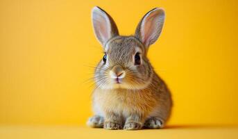 A small brown rabbit is sitting on a yellow background. The rabbit has a curious expression on its face photo