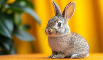 A small rabbit is sitting on a yellow surface. The rabbit has brown fur and is looking at the camera photo