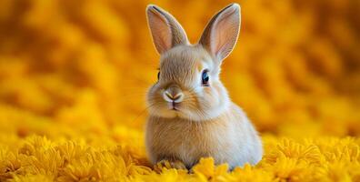 A small rabbit is sitting on a yellow flower bed. The rabbit is looking at the camera with its eyes closed photo