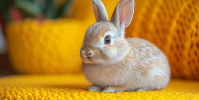 A small brown rabbit is sitting on a yellow blanket. The rabbit is looking at the camera with its eyes wide open photo