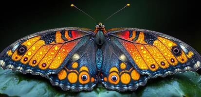 A butterfly with orange and blue wings is sitting on a leaf. The butterfly is the main focus of the image, and the colors of its wings create a sense of vibrancy and beauty photo
