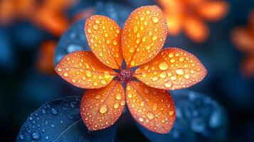 A close up of a flower with droplets of water on it. The flower is orange and the water droplets are blue. The image has a serene and calming mood photo