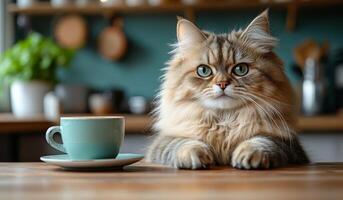 A cat is sitting on a table next to a cup of coffee. The cat is looking at the camera with a curious expression. The scene is cozy and inviting, with the cat and coffee creating a warm photo