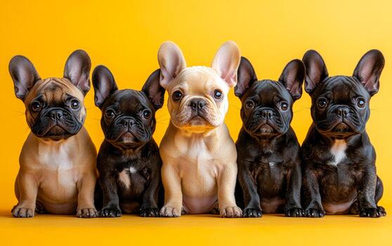un grupo de cinco cachorros son sentado en un fila en un amarillo antecedentes. ellos son todas diferente colores y tamaños, pero ellos todas tener el mismo adorable perrito ojos. concepto de calor y monería foto