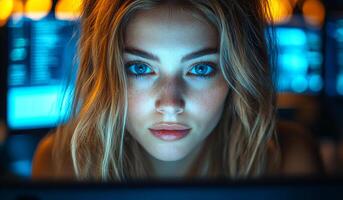 A woman with blue eyes and blonde hair is looking at a computer screen. Concept of focus and concentration as the woman stares intently at the screen photo