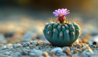 A small cactus with a pink flower on top. The flower is the only bright color in the image photo