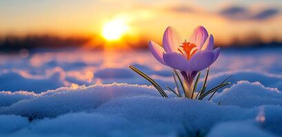 A small purple flower is in the snow. The sun is setting in the background. Concept of tranquility and beauty in the midst of winter photo