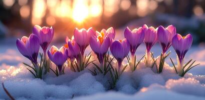 A bunch of purple flowers are in the snow. The sun is setting in the background. The flowers are in a field and are surrounded by snow photo