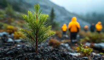 A small tree is growing in a rocky field. The tree is surrounded by dirt and rocks, and it is the only plant in the area. Concept of solitude and isolation photo