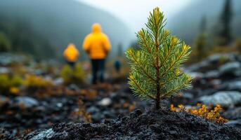 A small tree is growing in the dirt. The tree is surrounded by rocks and the sky is cloudy photo