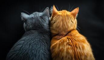 Two cats are sitting next to each other on a black background. One is gray and the other is orange photo