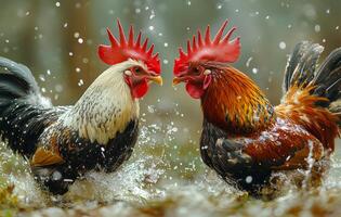 Cockfighting. Two roosters are splashing around in the rain, one is white and the other is brown. They are both enjoying the water and each other's company photo