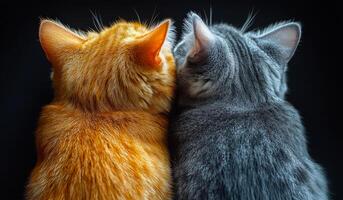 Two cats are sitting next to each other, one is orange and the other is gray. The orange cat is looking at the gray cat, and the gray cat is looking back at the orange cat photo