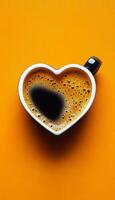A coffee cup with a heart shape on it is sitting on an orange background. The coffee is hot and steaming, and the heart shape adds a touch of warmth and affection to the scene photo