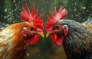 Two chickens facing each other with one of them having a red beak. The other one has a black beak. Cockfighting photo