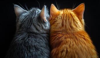 Two cats with different fur colors are sitting next to each other. The black cat has a gray stripe on its back, while the orange cat has a black stripe on its back photo