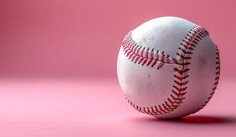 A baseball is sitting on a pink background. The ball is white and red. The ball is the main focus of the image photo