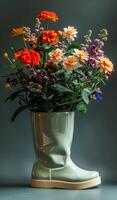 A vase of flowers sits on a table. The flowers are in a green vase that looks like a pair of boots. The flowers are orange and pink, and they are arranged in a way that makes the vase look like a boot photo