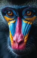 A close up of a monkey's face with a red, blue and yellow nose. The monkey's eyes are open and staring at the camera photo