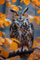 A large owl is perched on a branch in a forest. The owl's eyes are open and it is looking at the camera. The scene is set in autumn, with leaves on the ground and trees in the background photo