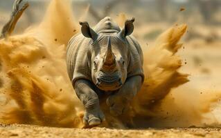 A rhino is running through the desert, kicking up a cloud of dust. The scene is intense and dramatic, with the rhino's powerful movements and the swirling dust creating a sense of motion and energy photo