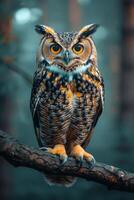 A large owl is perched on a tree branch, looking directly at the camera. The image has a serene and peaceful mood, as the owl appears to be calmly observing its surroundings. The owl's large eyes photo
